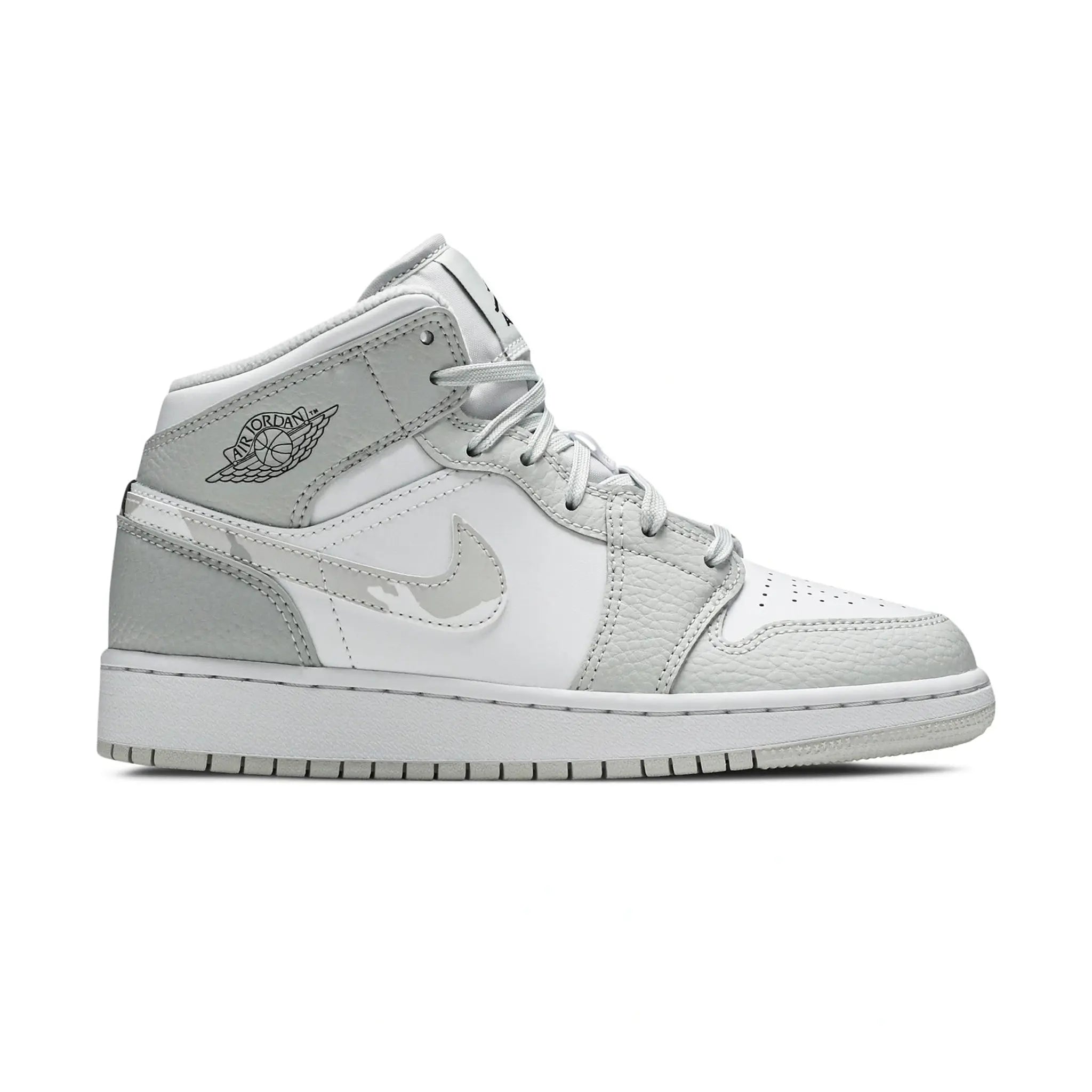 Side view of Air Jordan 1 Mid Grey Camo (GS) DD3235-100